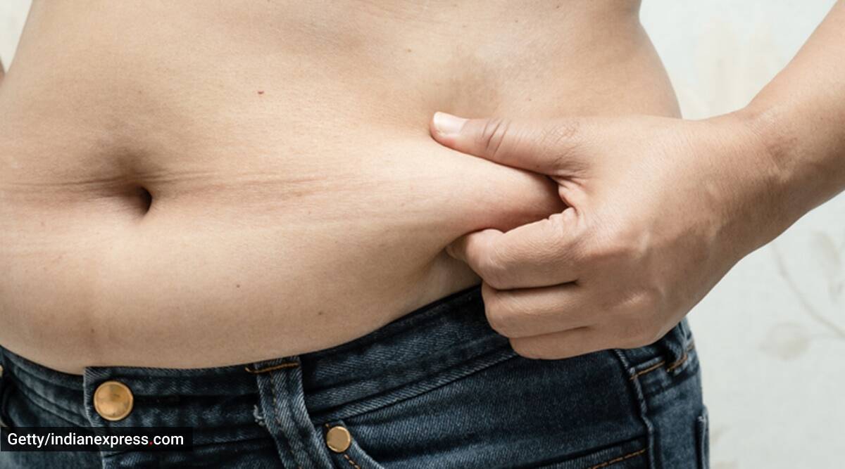 A person holding abdominal body fat